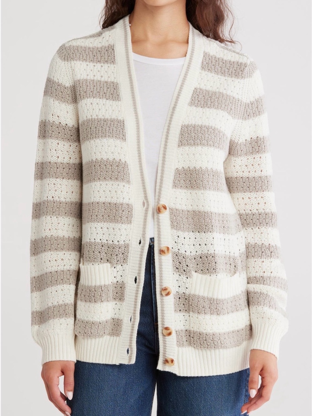 Caslon | Stripe Open Stitch Cotton Blend Cardigan Grey Owl Ivory size Large